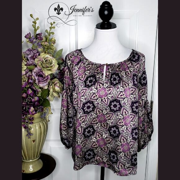 Gap Women Purple Medallion Print Keyhole Blouse Size Large - Picture 1 of 9